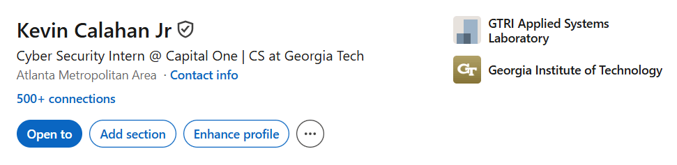 LinkedIn profile displaying internship experience, education, technical skills, and professional connections gained through professional experiences.