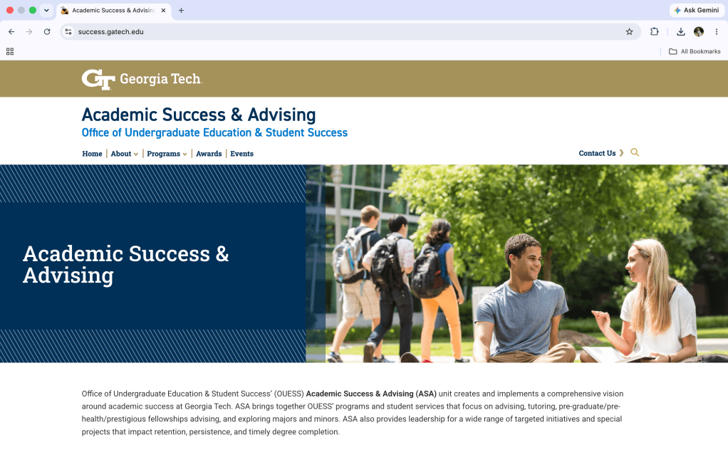Screenshot of Georgia Tech's Academic Success and Advising website displaying academic support and tutoring resources.