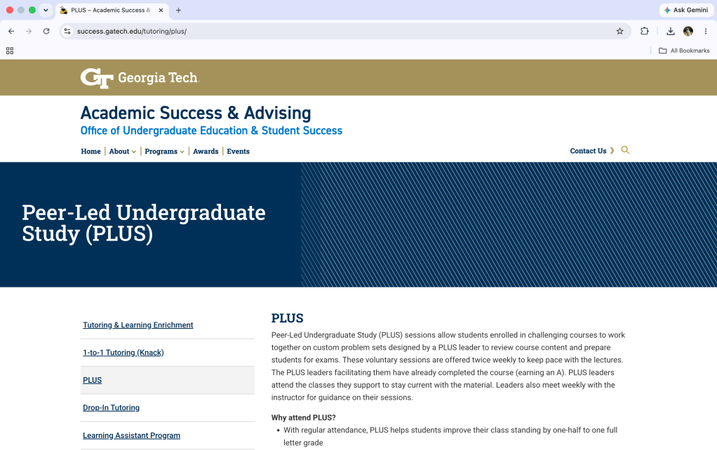 Screenshot of Georgia Tech PLUS website describing the program, benefits, attendance, and link to session schedules. 