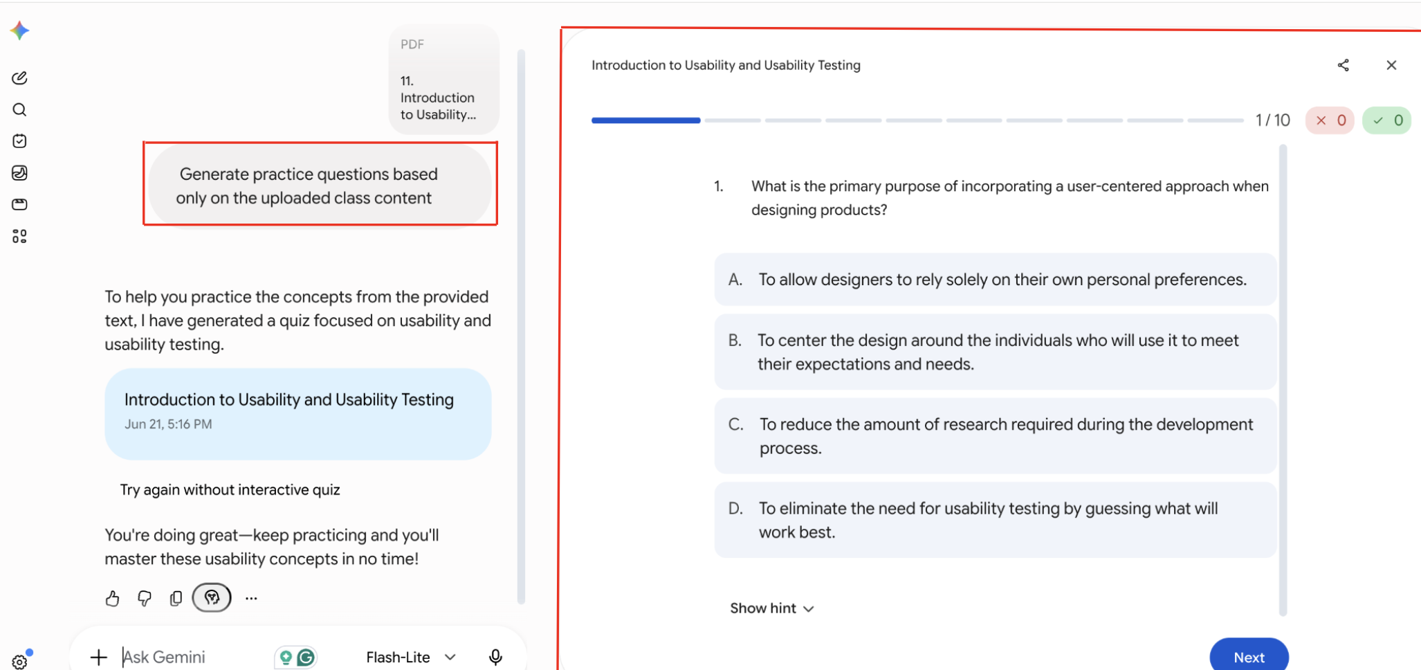 Gemini with a prompt to generate practice questions from uploaded class content and the "Quiz Me" interface displaying the first multiple-choice question.