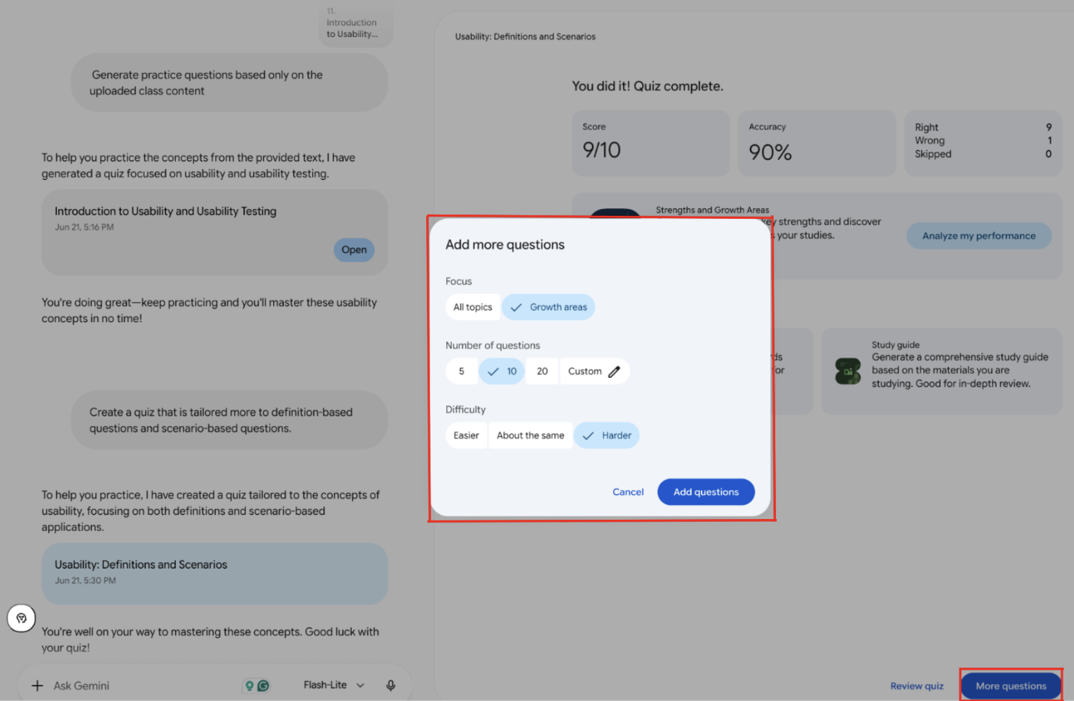Gemini displaying the "More Questions" settings, allowing you to customize the next quiz by selecting focus topics, question count, and difficulty level before clicking "Add questions."