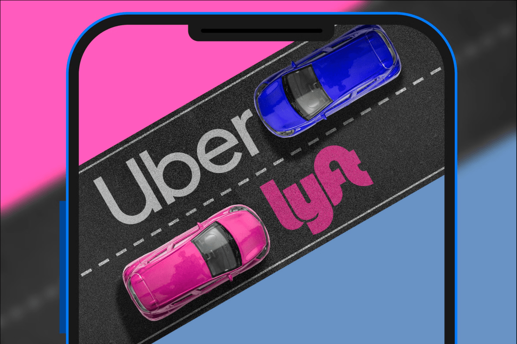 Image of Uber and Lyft logo and a car responding to their colors on a phone screen