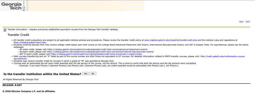 Shows launching screen when opening the transfer equivalency tables. Asks to indicate whether or not the institution is in the US.