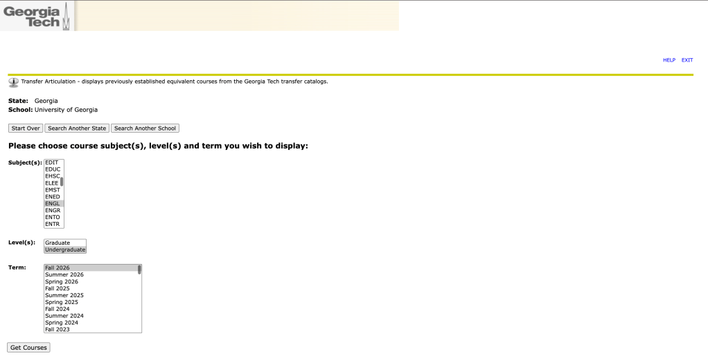 Screen indicates subject of the course, level, and term. There is a get course button to move onto the next step.