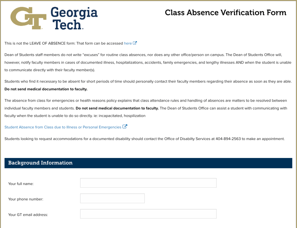 Class absence verification form with the Georgia Tech logo and input fields.