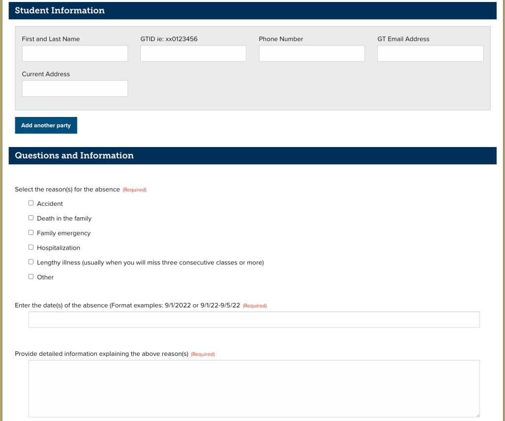 Class Absence Verification blank form with empty input fields.