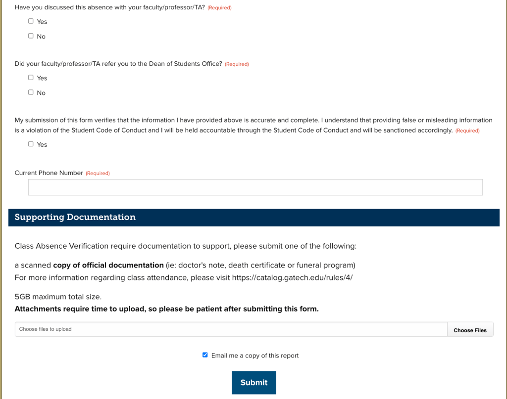 Class Absence Verification blank form with empty input fields.