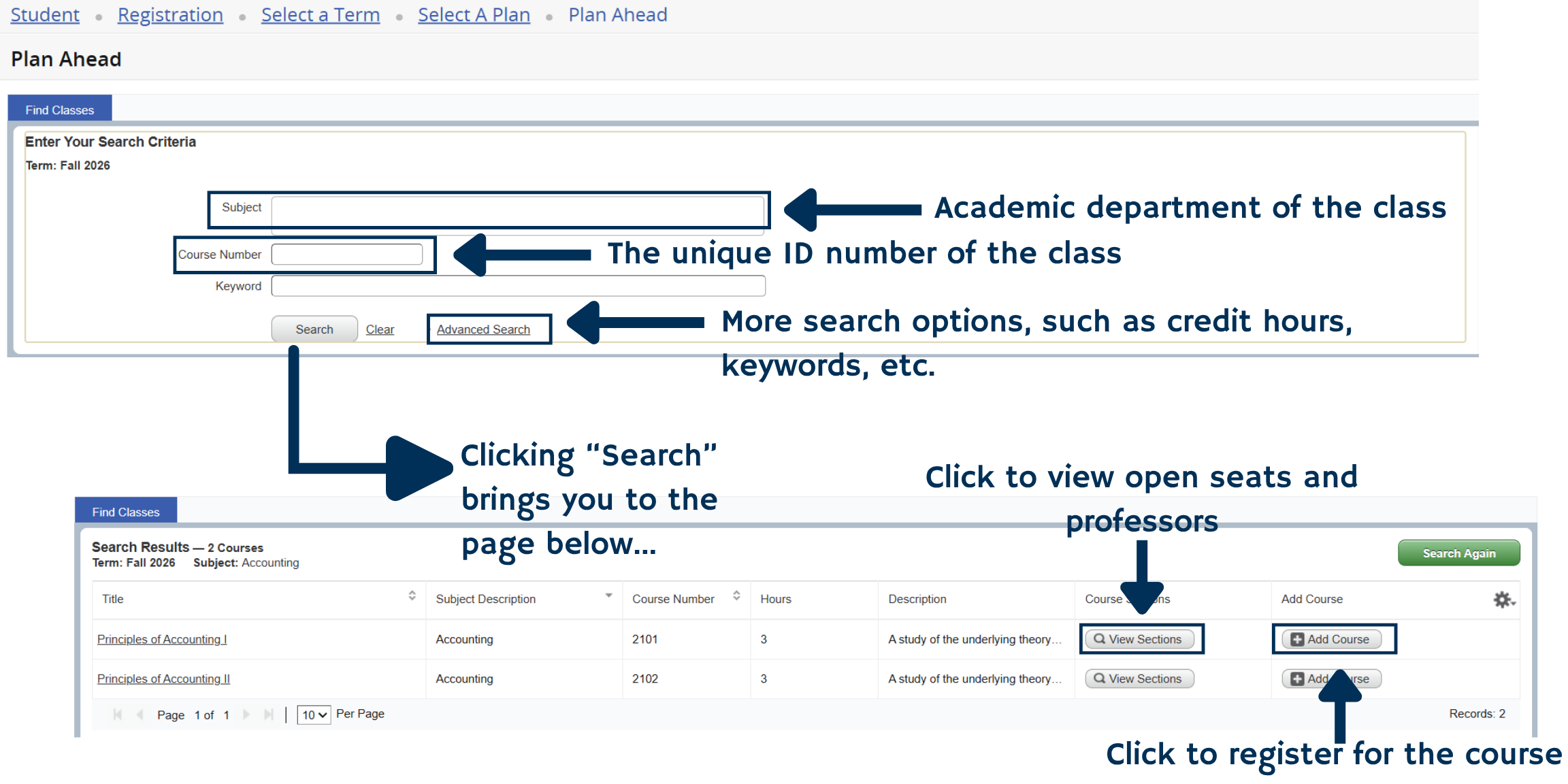 OSCAR registration interface displaying course search results and enrollment options.