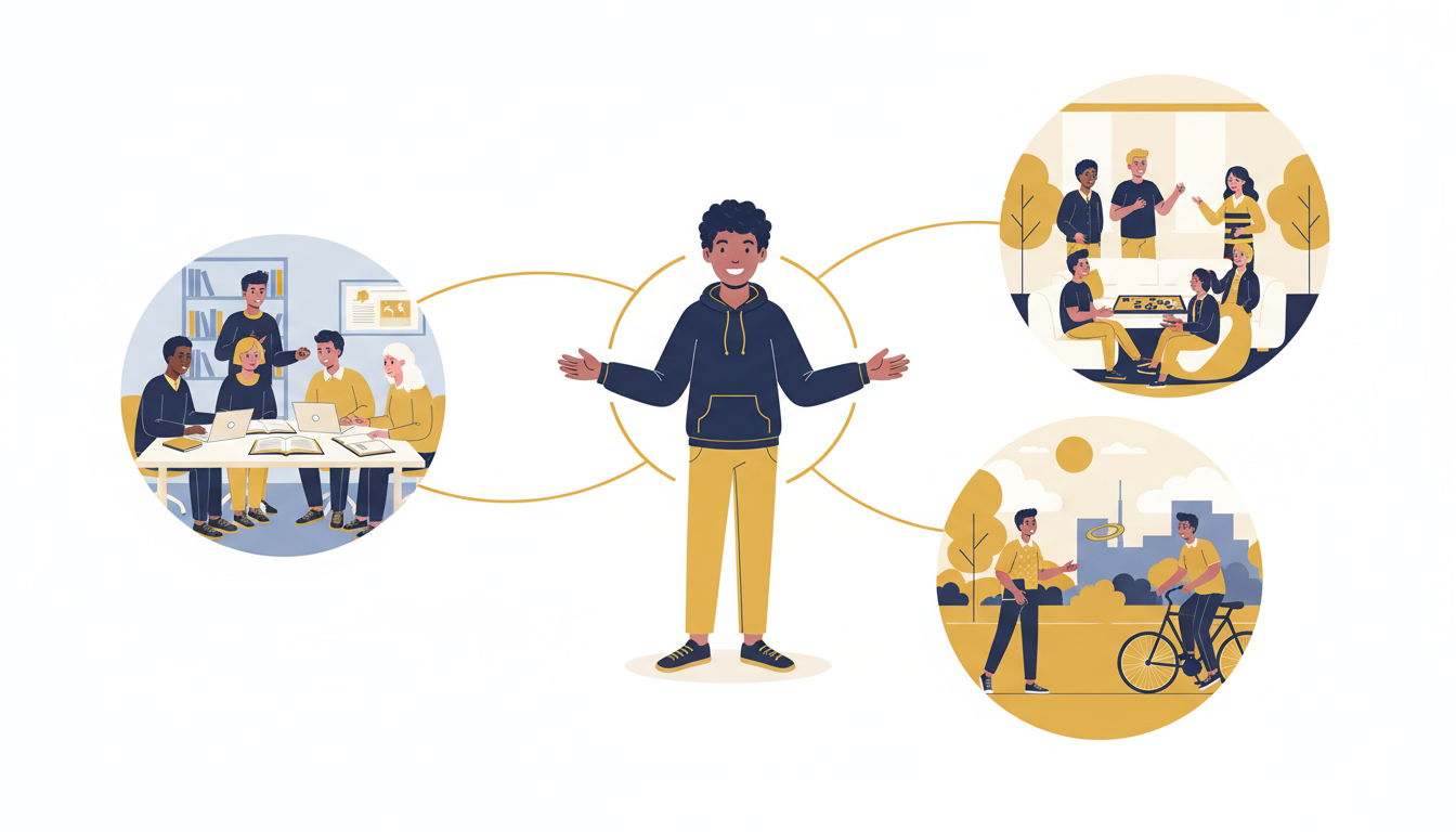 Illustrated college student connected to classmates studying together, students chatting at a club meeting, and friends spending time outdoors.