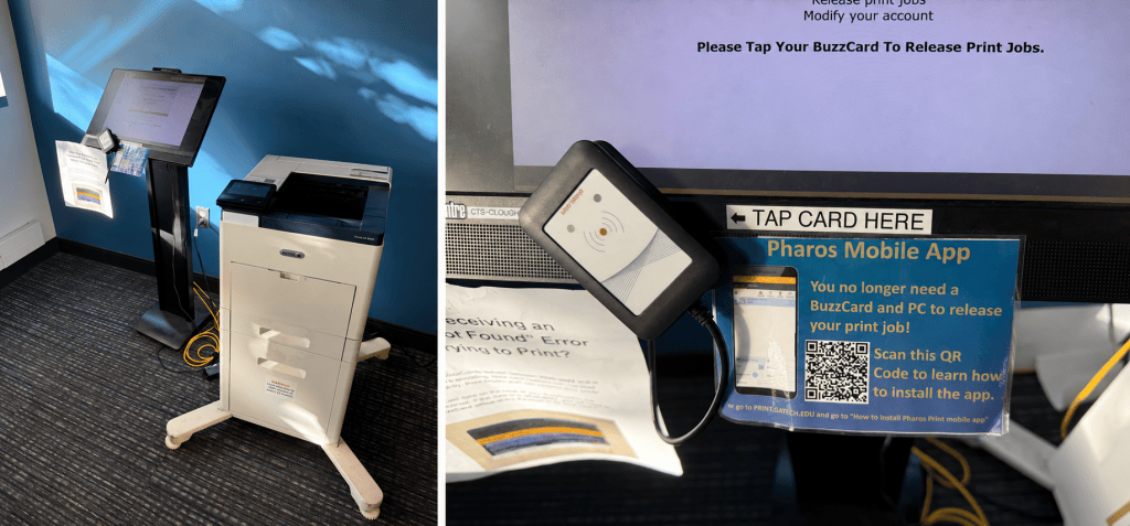 Left Photo: A Georgia Tech campus printer on the third floor of the CULC, positioned beside a touchscreen release station used to select and print documents.
Right Photo: Close-up of a BuzzCard reader attached to a Georgia Tech printing station, with a sign instructing students to tap their BuzzCard to release print jobs and a QR code for the mobile printing app.