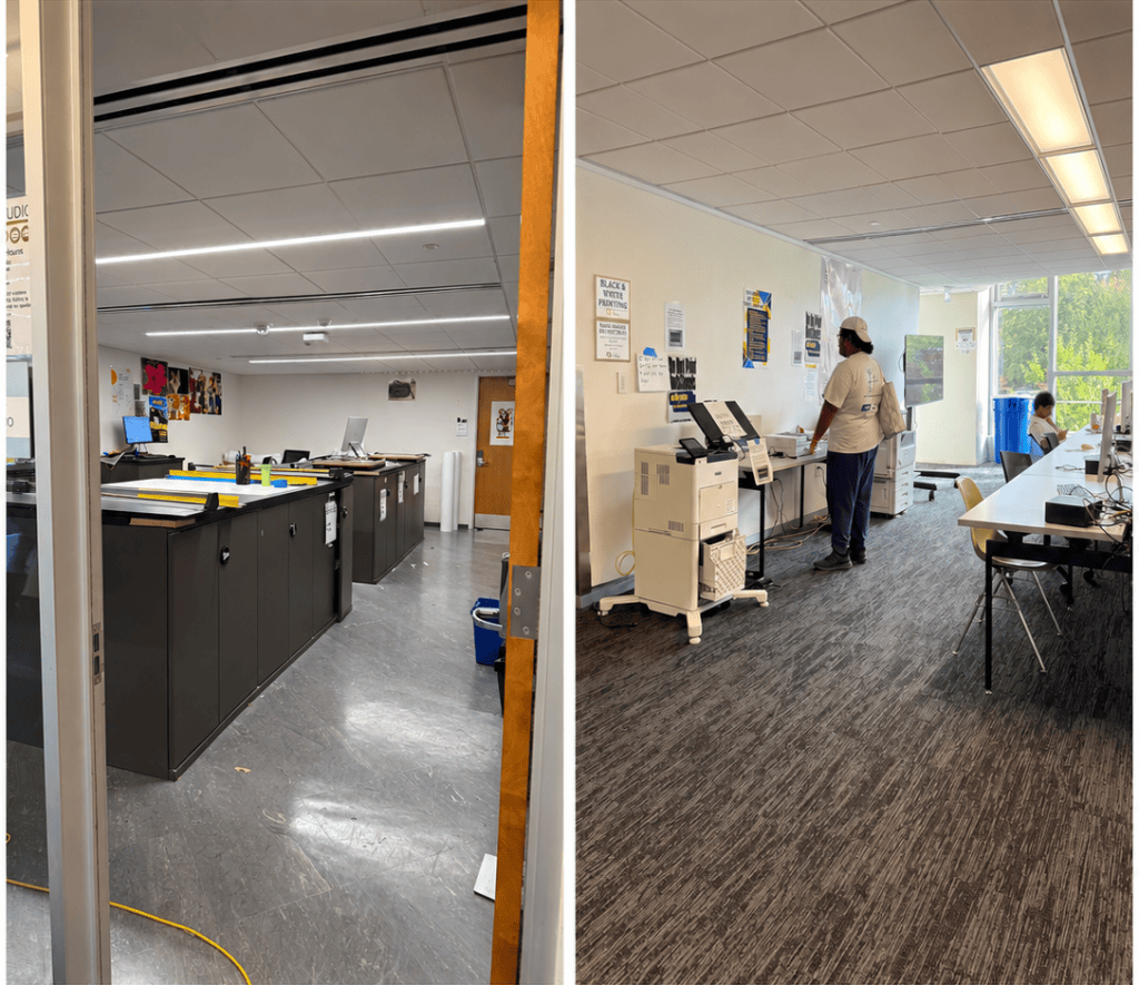 Side-by-side photographs of printing facilities on the third floor of Georgia Tech's Price Gilbert Library. The left image shows the Print Studio with large-format printing equipment. The right image shows standard document printers and computer workstations.