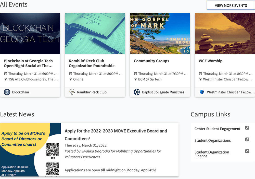 Georgia Tech student organization website showing options for finding clubs and campus activities.