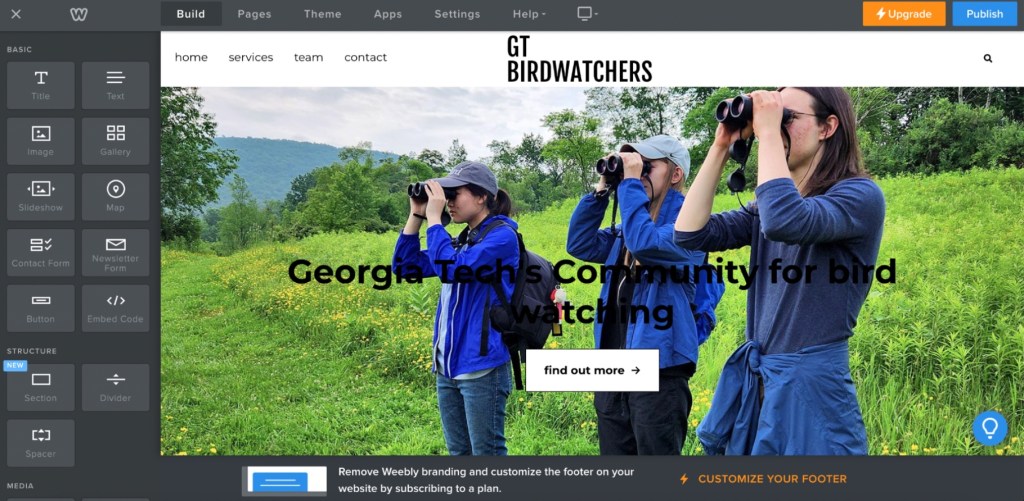 Weebly website editor displaying a student organization homepage with sections for club information, events, and membership.
