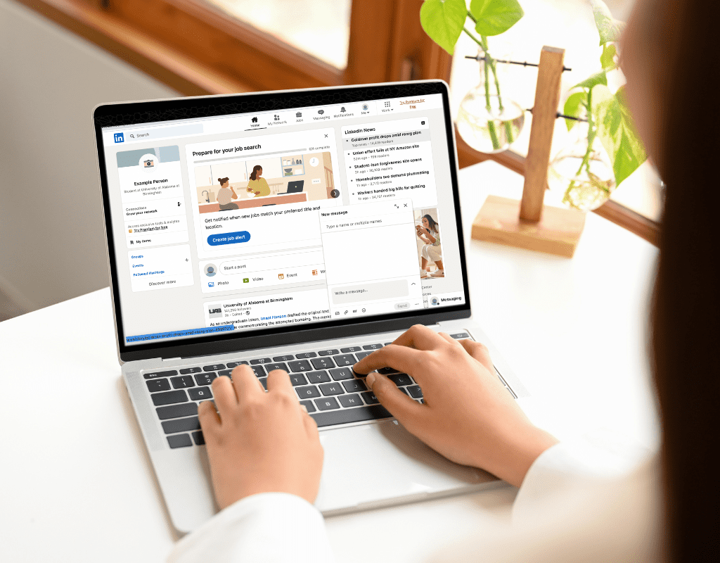 A person uses a laptop displaying the LinkedIn home feed.
