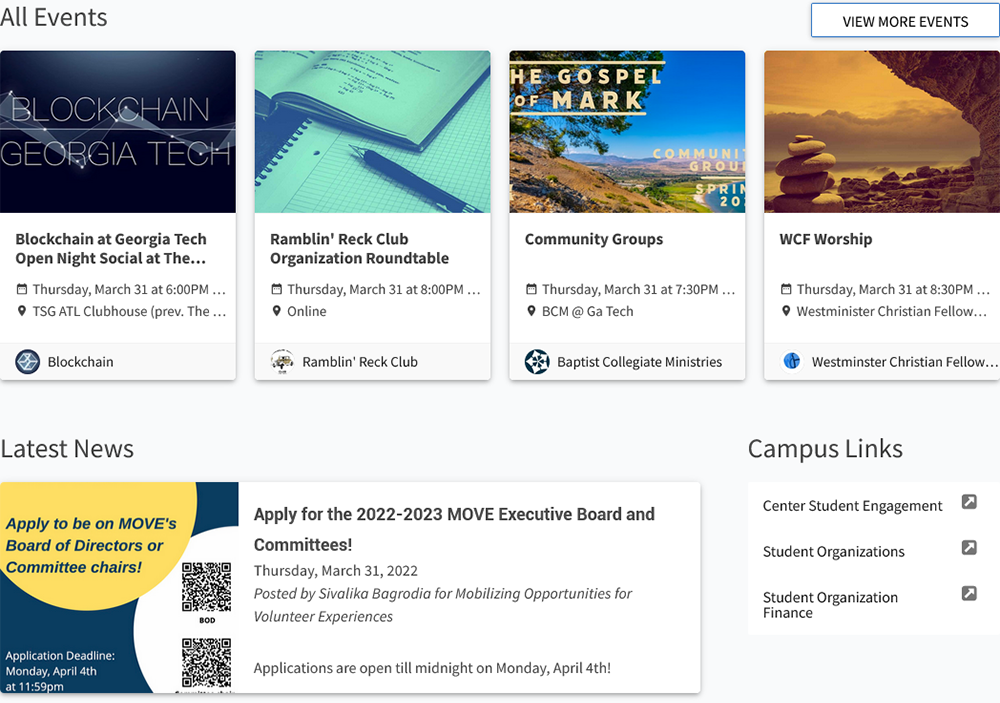 Screenshot of the Georgia Tech Engage directory displaying multiple student organizations and campus involvement options.