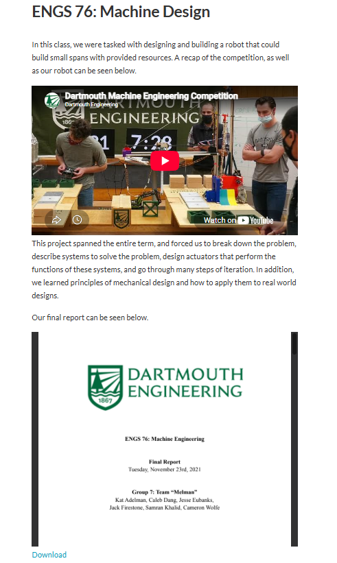 Example portfolio page showing a project title, visual, description, individual contribution, skills, and links to additional project information.
