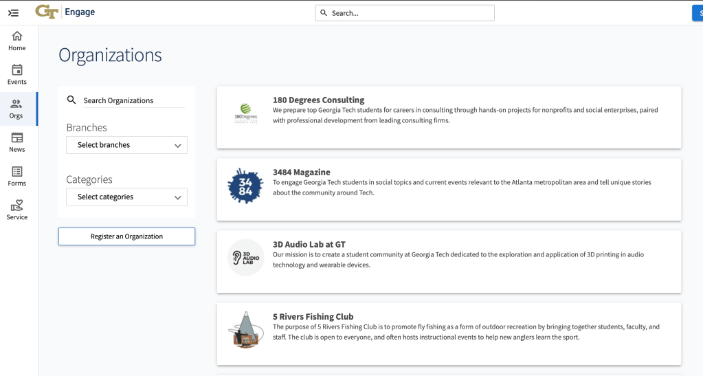 GT Engage Organizations page showing the search bar, branch and category filters, and a list of student organizations.