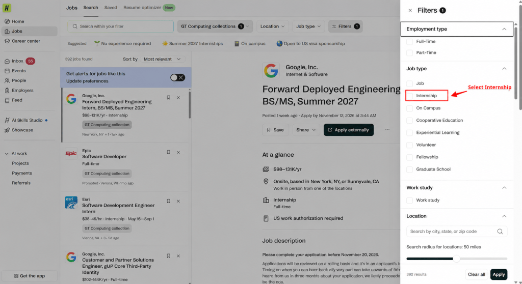 Handshake job search page with listings and a job description beside the Filters panel. A red arrow highlights the unchecked Internship option.