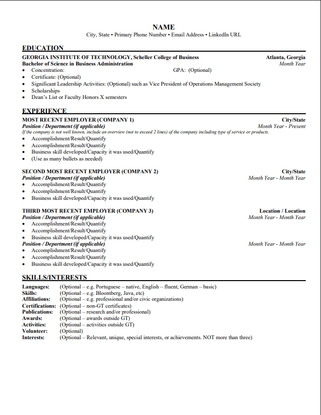 A sample resume provided by Georgia Tech tailored for student athletes.