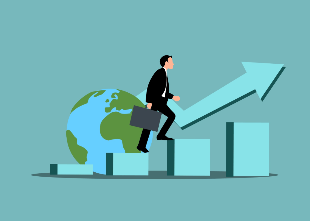 Man in business attire climbs columns representing steps of wealth investment, climbing in an upwards trajectory