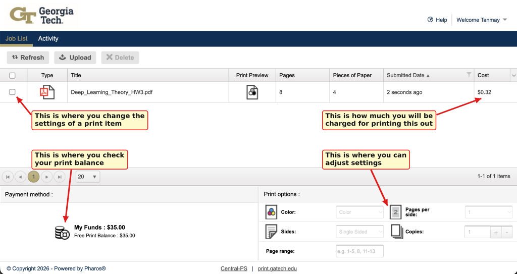 Screenshot of Georgia Tech's My Print Center with red arrows identifying the print job selection checkbox, estimated cost of $0.32, available balance of $35, and printing settings for color, double-sided printing, page range, and copies.