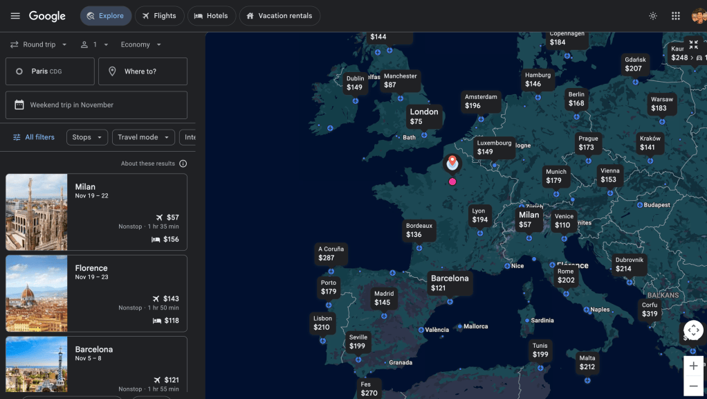 Map of Google Flight's Explore showing cheapest flight options for from Paris to various European cities.