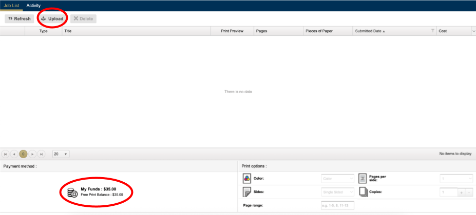 Screenshot of the Georgia Tech MyPrintCenter web portal with red circles around the Upload button and the student print allocation balance.   