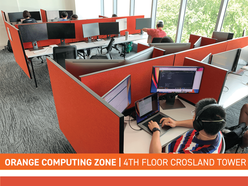Photos showing rows of desks with large external computer monitors in Crosland Tower and the library information desk where students rent equipment. 