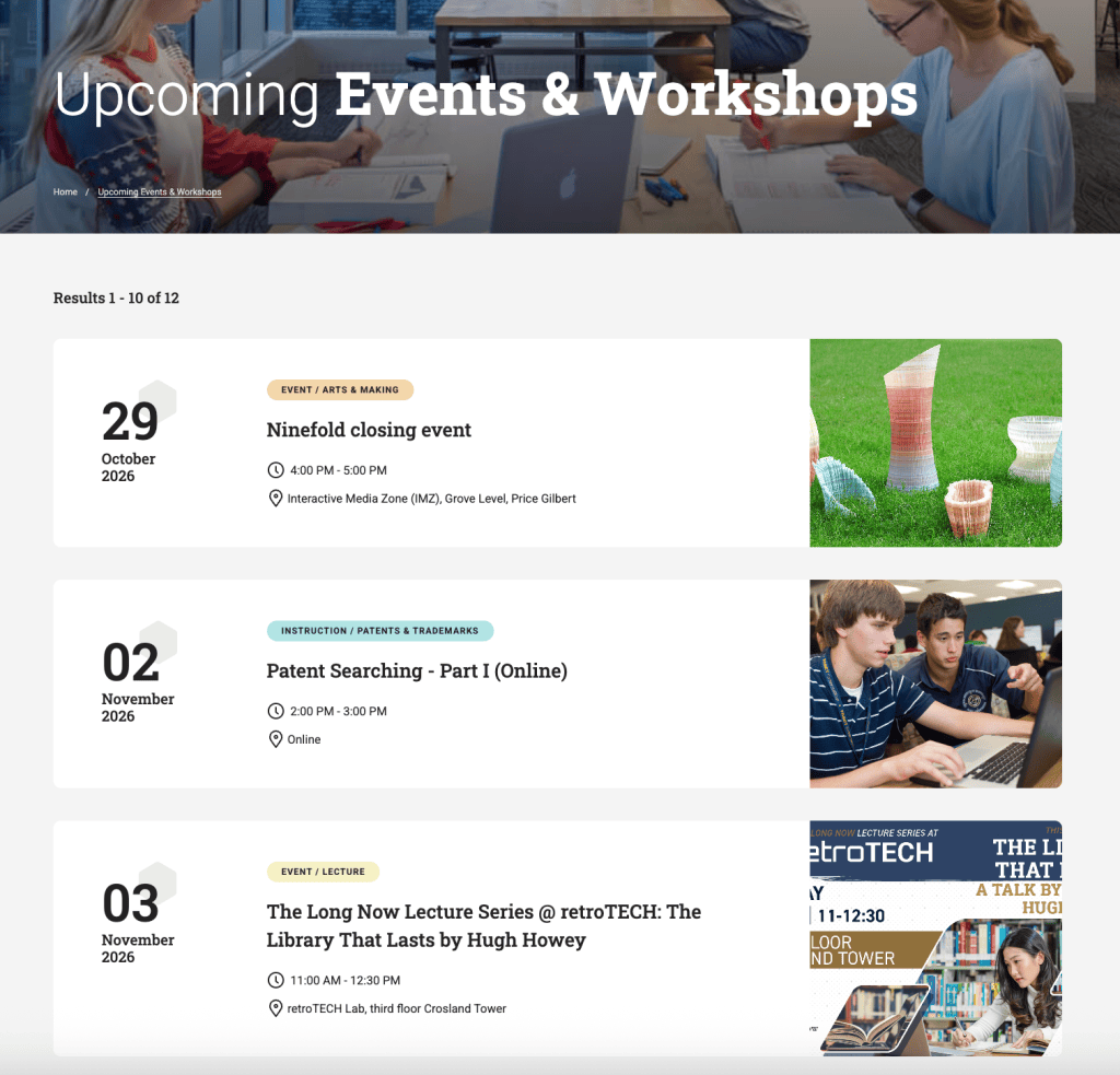 Screenshot of the Georgia Tech Library Events and Workshops webpage displaying upcoming listings for events.