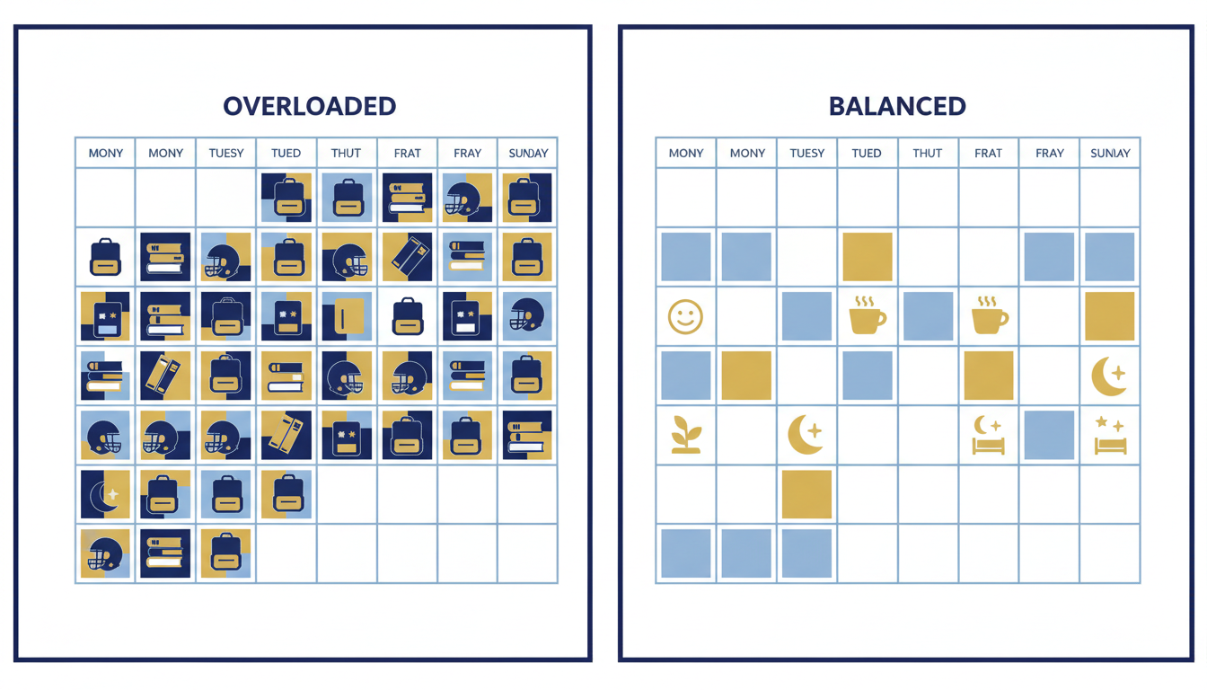 Two illustrated weekly schedules compare an overcrowded calendar with a balanced calendar that includes study sessions, breaks, social time, and sleep.
