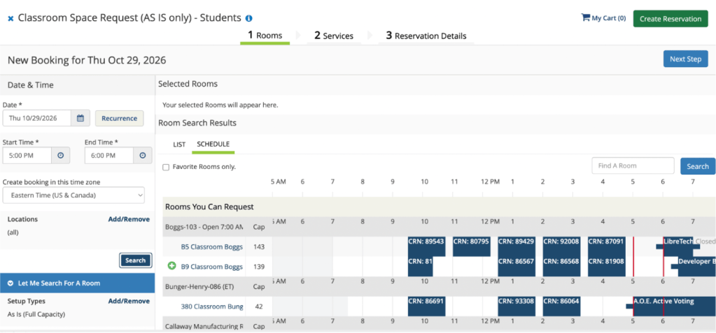 Screenshot of the classroom reservation system used to view classrooms and times available for different buildings on campus and submit reservation requests.
