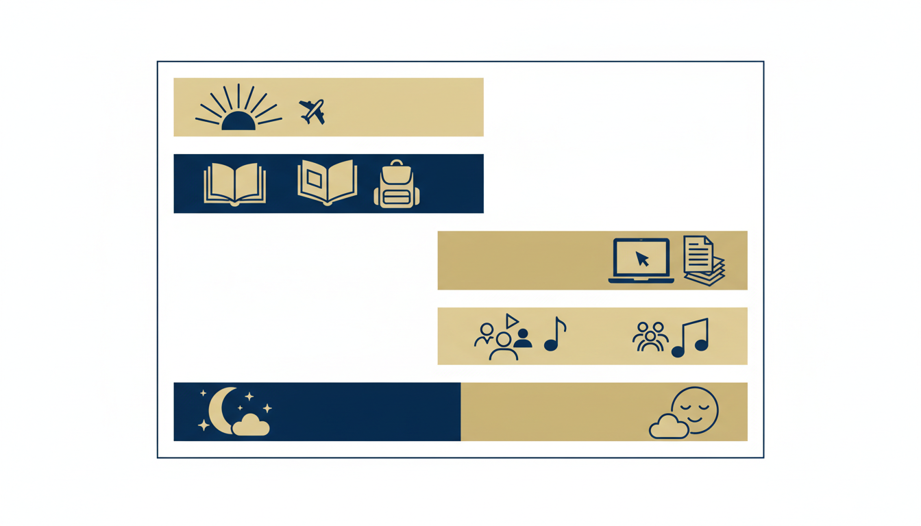 Illustrated daily timeline showing morning classes, afternoon studying, evening personal time, a wind-down routine, and nighttime sleep.