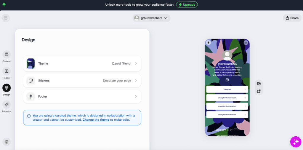 Linktree landing page organizing links to a student organization’s website, event calendar, registration form, and communication channels.
