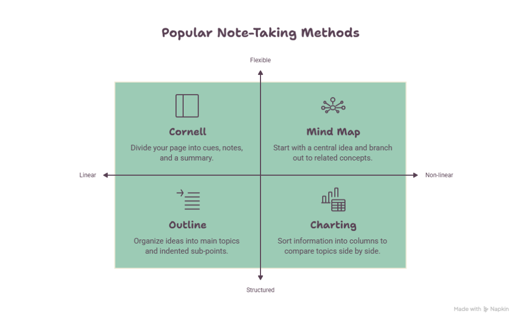 Diagram showing 4 popular notetaking methods categorized by linear (left) to non-linear (right) and flexible (top) to structured (bottom). Cornell sits top left, mind map sits top right, outline sits bottom left, charting sits bottom right.
