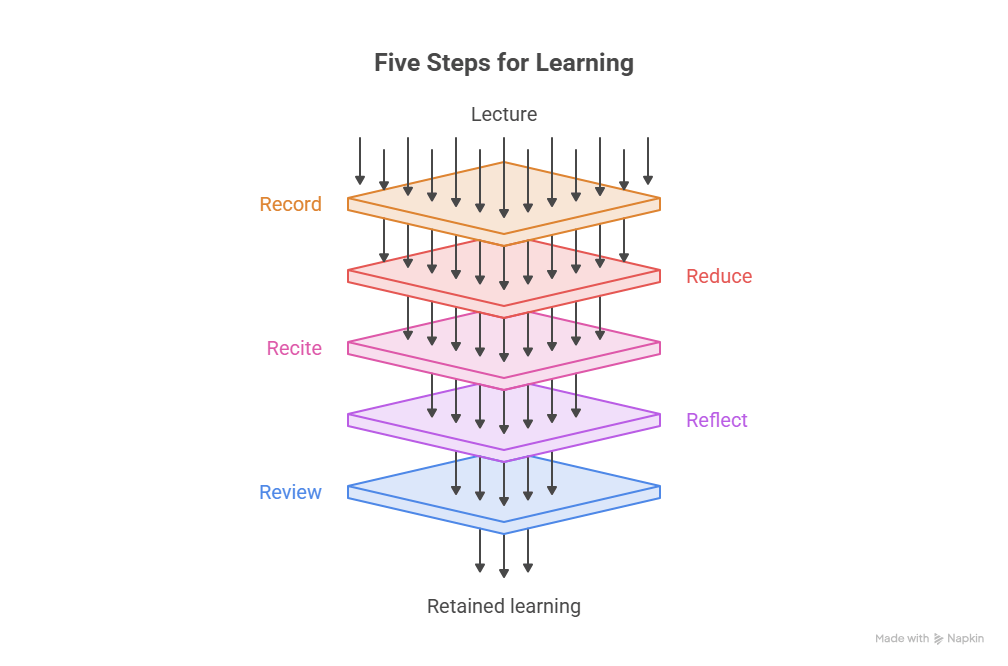 The 5 R's are Record, Reduce, Recite, Reflect, and Review in that order. Each R acts as a filter between lecture material and retained learning.
