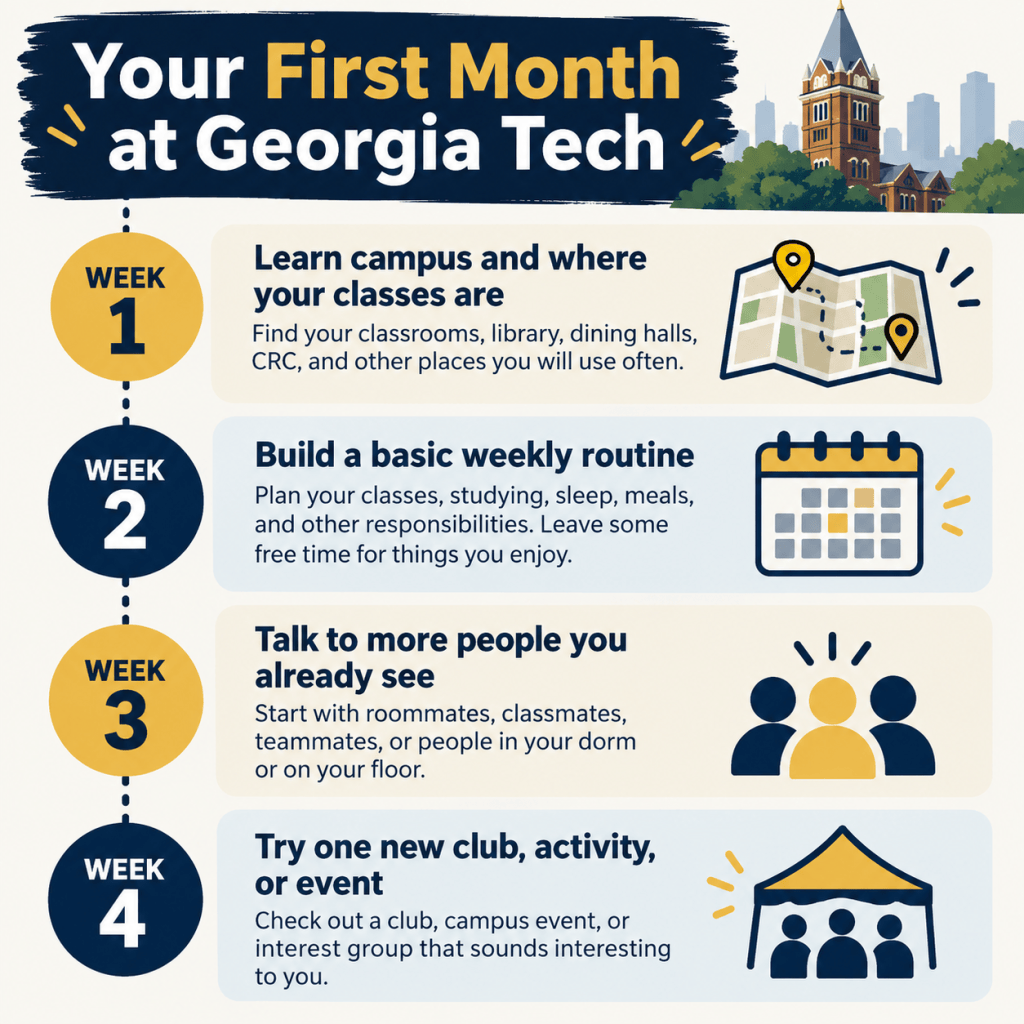 Four-week timeline showing a new Georgia Tech student learning campus, building a routine, meeting people, and trying a campus activity.